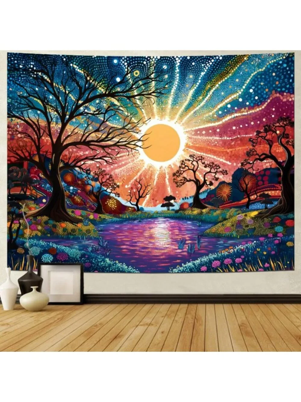 Colorful Tree of Life Tapestry, Trippy Sun & Starry Sky Wall Hanging, Aesthetic